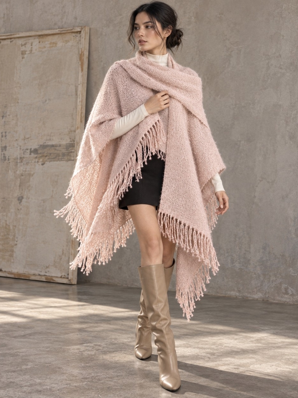 Echo Blush Pink Bouclé Ruana Shawl Wrap with Fringe – One Size